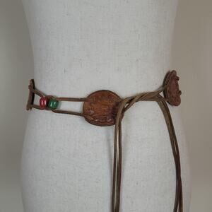 Brown Leather Belt Womens One Size Beaded Tooled Boho Western Wrap Tie Cowgirl